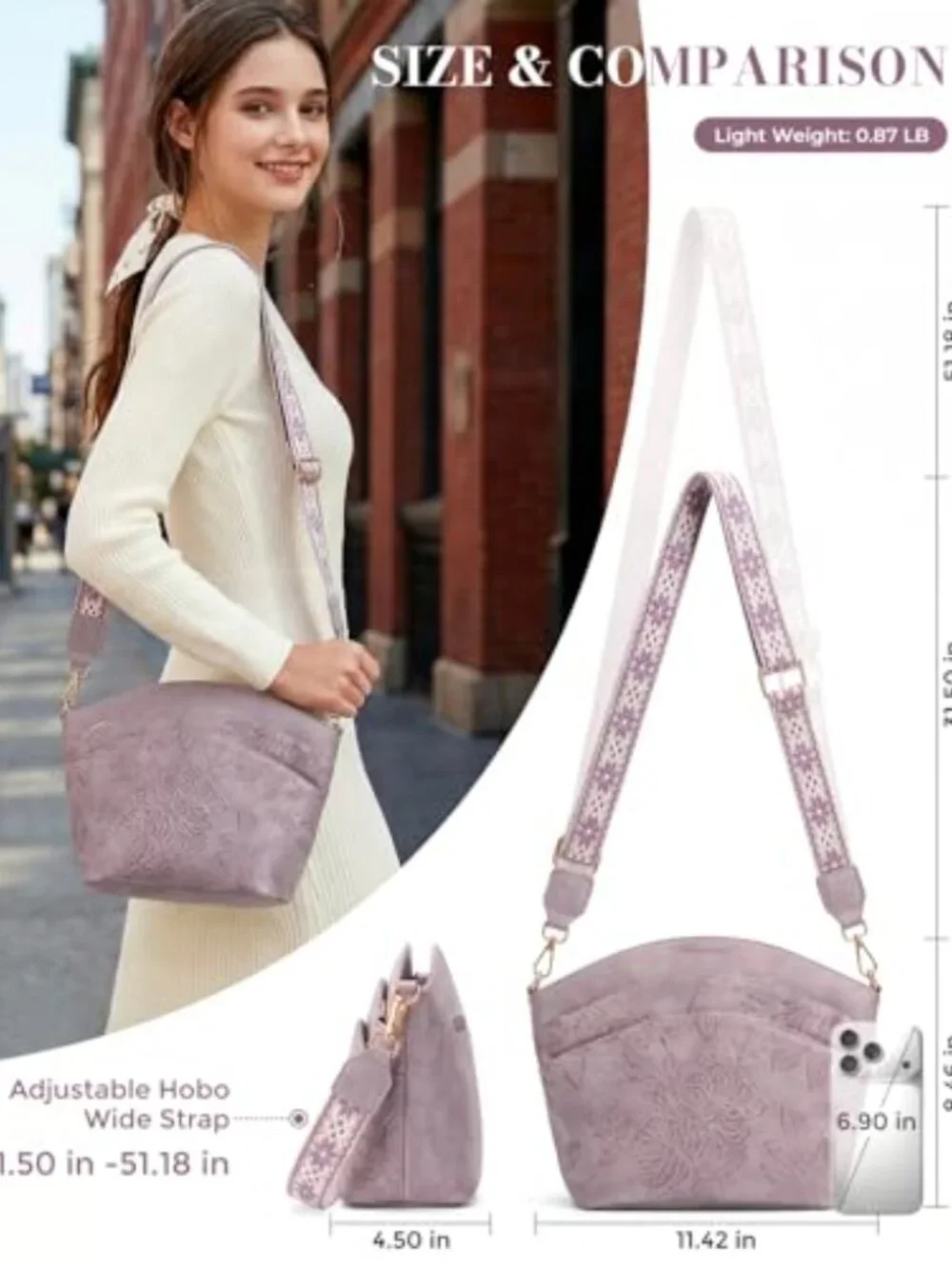 Embossed Vegan Leather Crossbody Bag with Boho Strap Travel Handbag